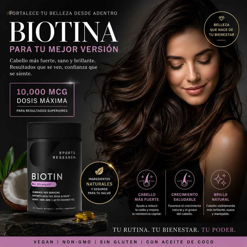 Recupera la fuerza de tu cabello, detén la caída y devuelve el brillo natural a tu piel y uñas con la Biotina Premium de Sports Research